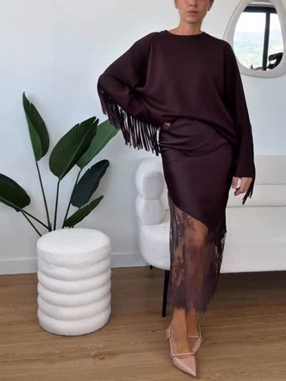 Women Elegant Patchwork Lace Skirts Fashion High Waist Slim Hollow Out Maxi Skirts 2025 Autumn Lady Brown Party Club Skirt