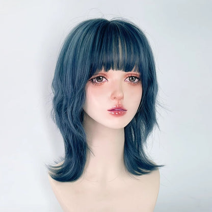Peruca Curta Sintética Ondulada Azul Mullet Head com Franja, Resistente ao Calor, Fofa, Estilo Lolita, para Cosplay, Festas e Uso Diário