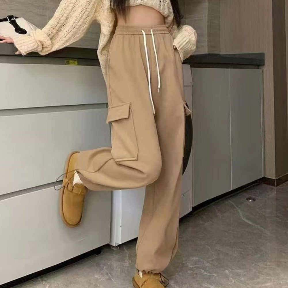 Winter Thick Fleece Women's Pants Casual Matching Cargo Pants Chic Sportswear Drawstring Straight Pants Lady's Trousers Pocket