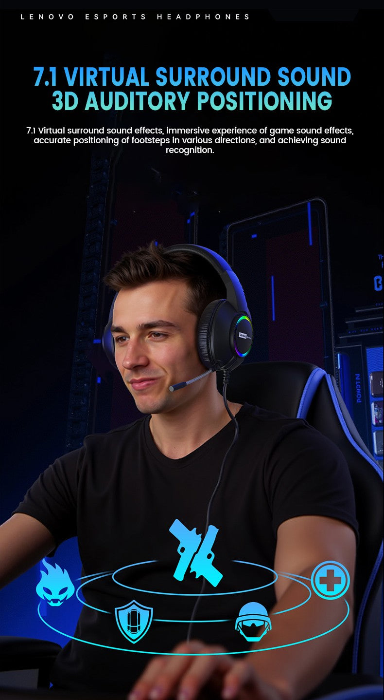 Fone de ouvido gamer com fio Lenovo E08 com microfone, luz RGB para computador e laptop, efeitos de som surround virtual 7.1, headset para E-sports