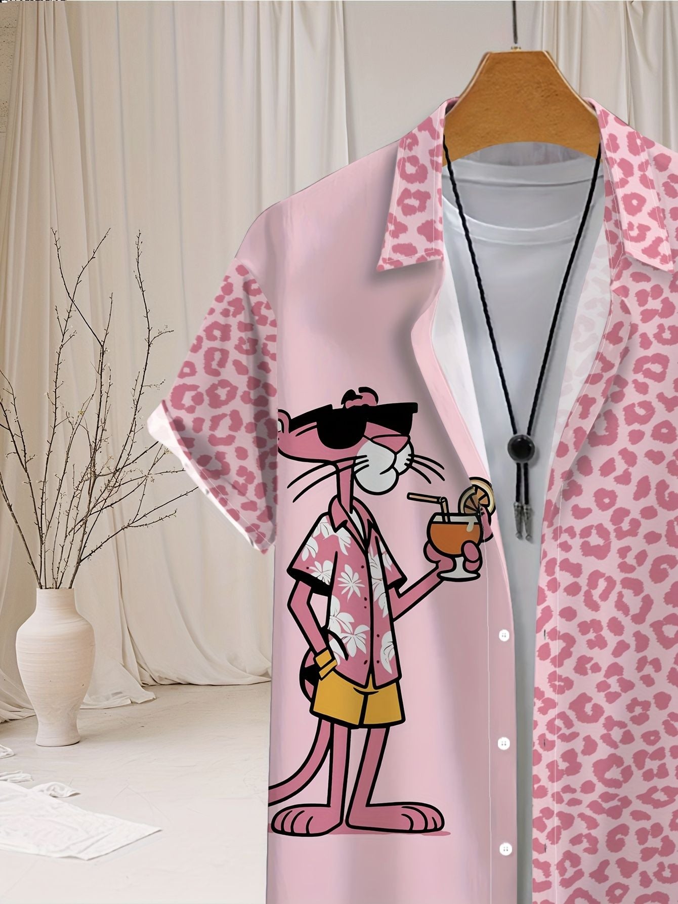 Summer New Men's Lapel Short Sleeve Hawaiian Shirt Leopard & Pink Panther Print Hawaii Vacation Casual Fashion Kids/Adult Tops