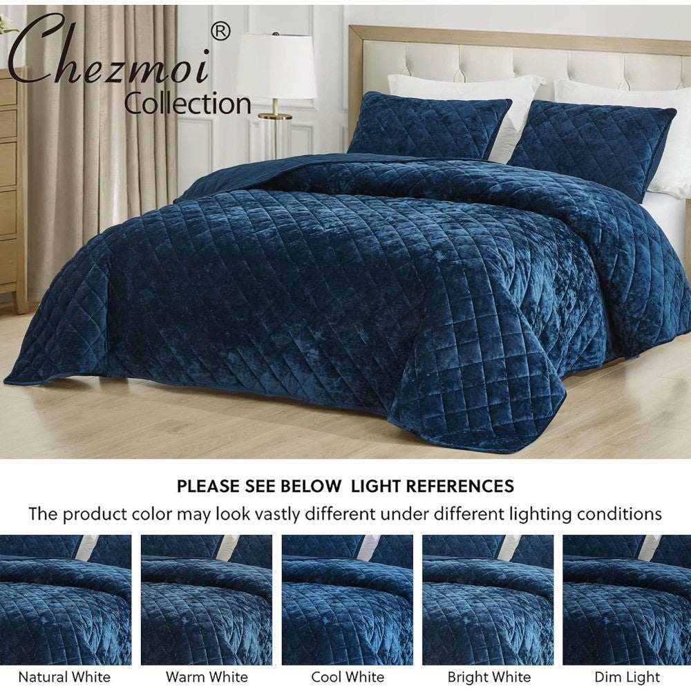 Edredom King Aveludado Azul Marinho de Luxo, Conjunto de Cama de Veludo Macio Desbotado de 3 Peças para Todas as Estações, Leve