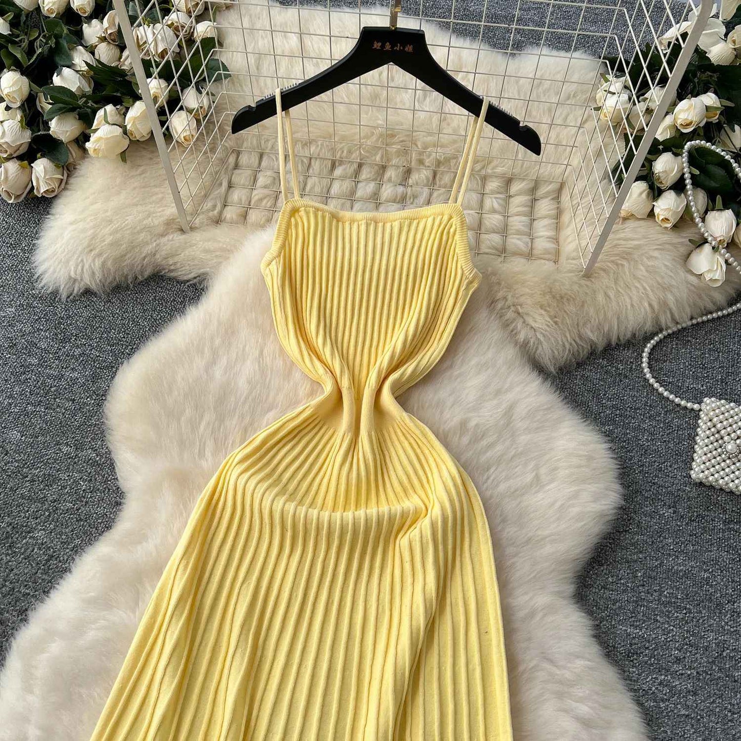 Knitted Pleated Long Dress High Waist Midi Sling Dress Elegant Sleeveless Yellow