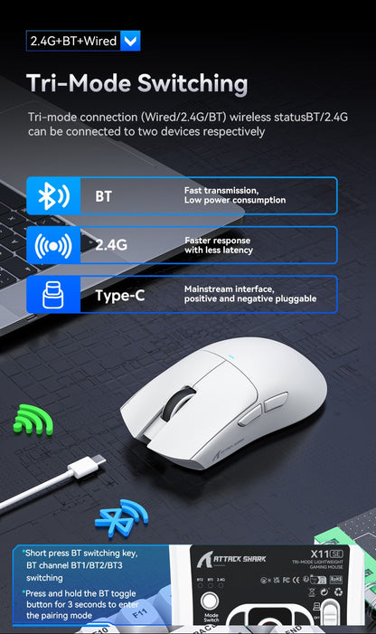 ATTACK SHARK X11 SE Wireless Gaming Mouse 22000 DPI,PixArt PAW3311 Sensor,BT/2.4G/Wired,59g Lightweight,2000W Clicks