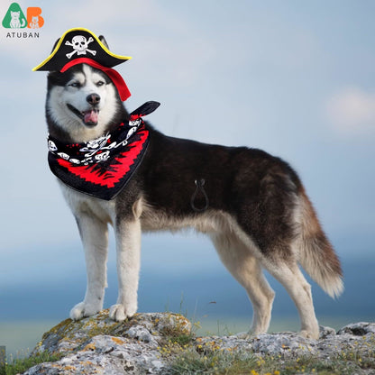 Chapéu de Pirata ATUBAN com Estampa de Caveira para Animais de Estimação com Bandana de Caveira para Cães e Gatos, Boné de Capitão, Fantasia de Pirata para Cosplay de Halloween, Festa de Halloween