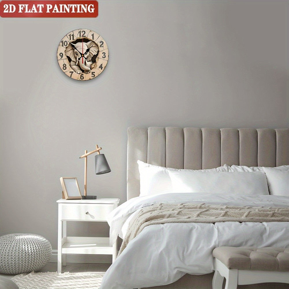 Elephant Digital Wall Clock. Wooden round silent display for living room, bedroom or office.