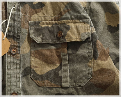 2024 Autumn and Winter New American Retro Woven Camouflage Cargo Shirt Men's 100% Cotton Washed Old Double Pockets Thin Jacket