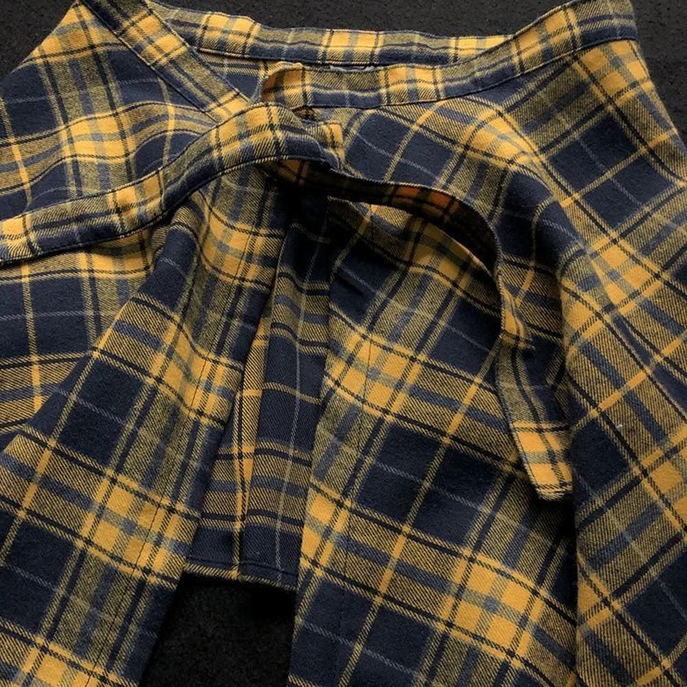 Casual Retro Irregular Women Plaid Skirt Bow-knot Elastic Waist Shirt Style Blue White Lattice Mini A-line Shortskirt