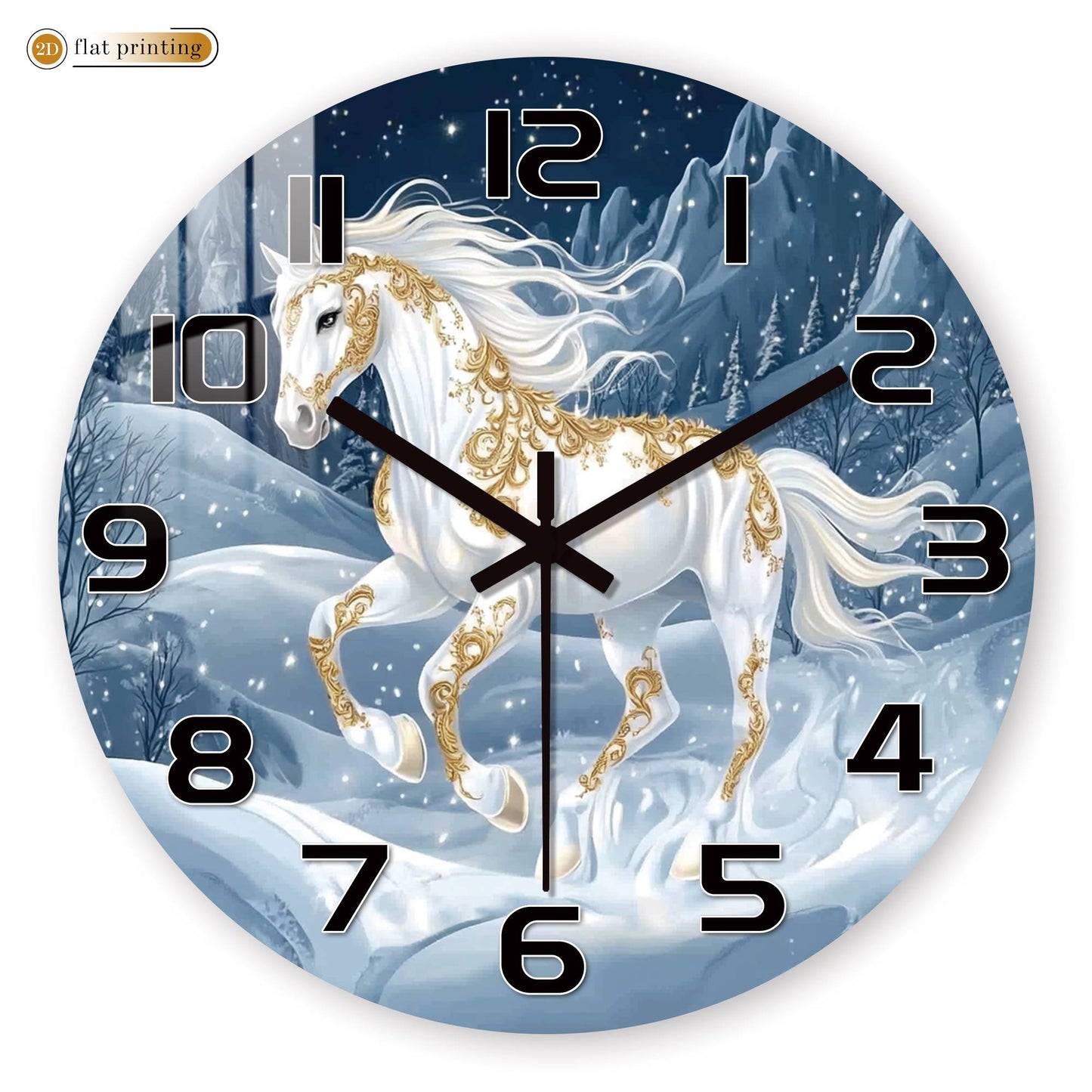 White Horse Snowy Landscape Wall Clock, Golden Ornamental Winter Scene, Festive Dreamy Unicorn-Inspired Home Decor