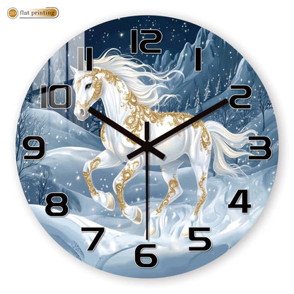 White Horse Snowy Landscape Wall Clock, Golden Ornamental Winter Scene, Festive Dreamy Unicorn-Inspired Home Decor