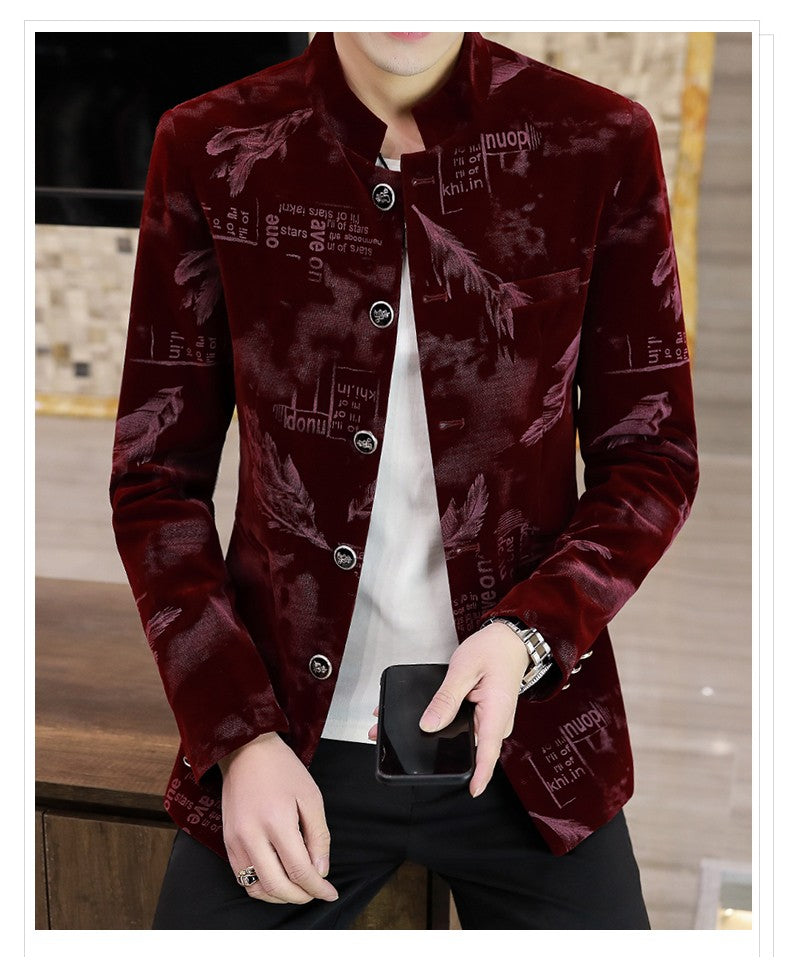 Luxury Retro Velvet Suit Jacket for Men Fashion Slim Fit Stand Collar Blazer Masculino Casual Business Wedding Dress Coat