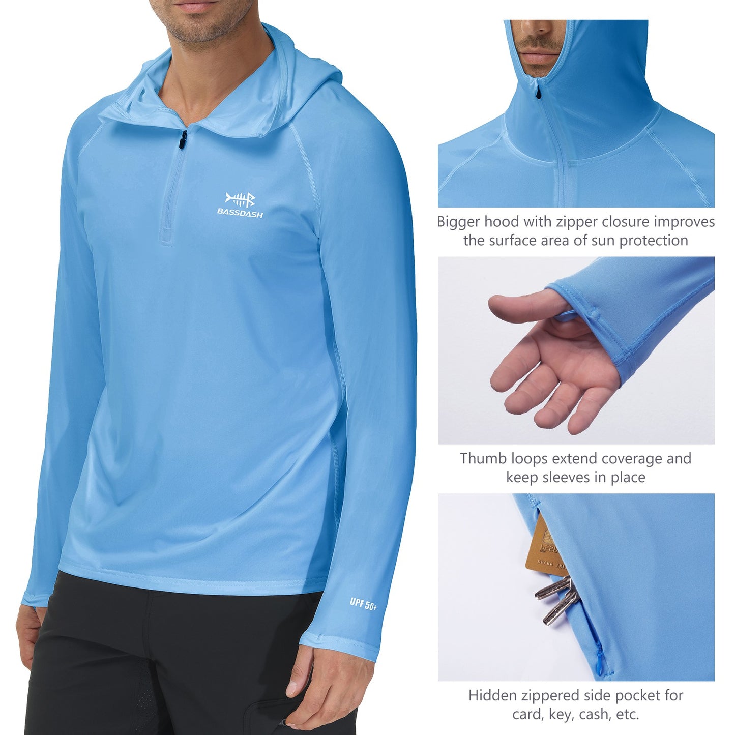 Camisa de Pesca Masculina BASSDASH com Zíper 1/4 UPF 50+ Secagem Rápida Manga Longa Proteção Solar FS24M