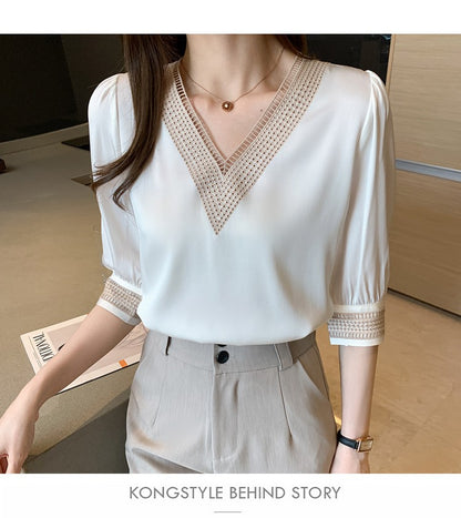 Embroidery Half Sleeve White Lace Women Blouses 2024 Autumn V-Neck Loose Chiffon Tops Shirt Office Lady Elegant Blusas 13366