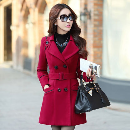 Autumn Winter Women Wool Coat 2024 Ladies Woolen Long Coat Female Fashion Slim-fit Double-Breasted Jacket with Belt S-3XL