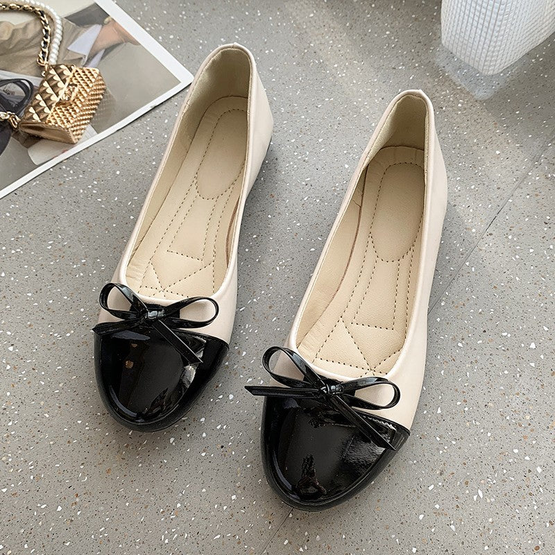 Comfortable Leather Version Flat Bottom Ballet Shoes Women's Slip-On French Butterfly Knot Versatile Easy Wear Casual Flats