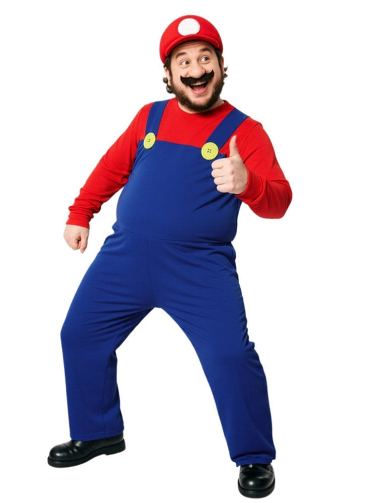 Men's Plumber Costume (Includes Hat, Gloves, Fake Beard) Halloween Cartoon Game Funny Outfit Red, Green, Yellow, Purple