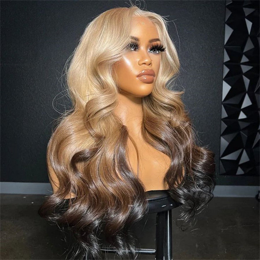 Peruca frontal de renda 13X6 preta com destaque loiro vermelho peruca sintética 13x4 pré-selecionada com linha do cabelo peruca frontal de renda feminina