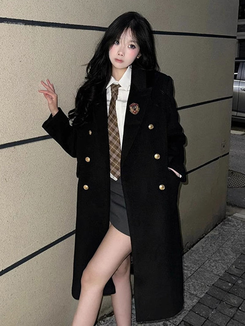 Jk Uniform Wool Coat Women Fashion Japanese Preppy Elegant Badge Black Midi Outwear Autumn Winter Sweet Long Sleeve Quilted Tops