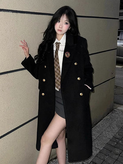 Jk Uniform Wool Coat Women Fashion Japanese Preppy Elegant Badge Black Midi Outwear Autumn Winter Sweet Long Sleeve Quilted Tops