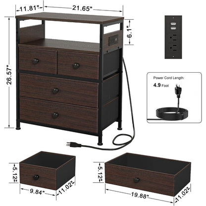 Nightstand with Charging Station, Bedside Table with 4 Drawers and 2-Tier Shelf, Modern End Table with Wooden Top for Bedroom