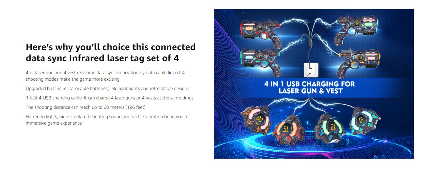 VATOS Recarregável Valor de Saúde Dados SYNC Pistola Laser Tag Infravermelho Conjuntos Laser Tag 4 Coletes Luz Brilhante Jogo Lazer Tag para Adultos f