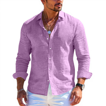 Men's tops long sleeve new style shirt cotton linen cool solid color loose lapel casual beach style cardigan spring and summer