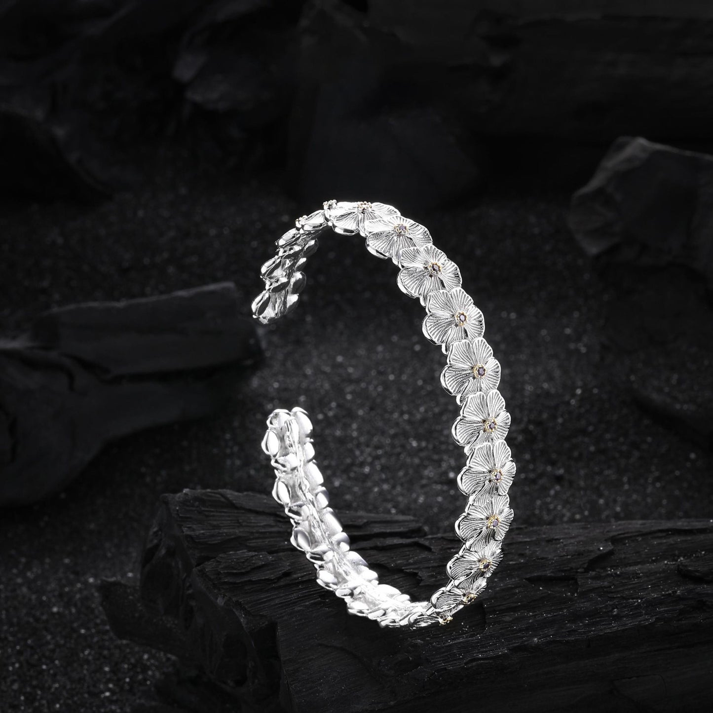 Pulseira Bracelete de Prata Esterlina 925 Pena Flor Dourada Vintage Punk Para Mulheres Homens Joias da Moda Presente Dropship Atacado
