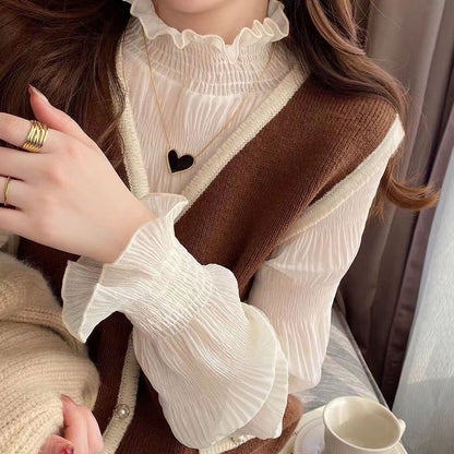 Chiffon Blouse Women Auricular Edge Fairy Gas 2023 New Korean Version Loose Foreign Style Court Bottom Coat