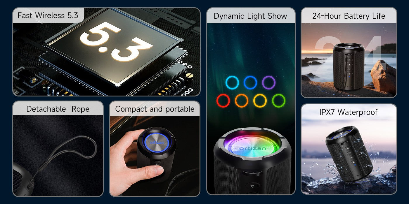 Caixa de Som Bluetooth Sem Fio Ortizan X9S, IPX7 à Prova D'água, Luzes RGB