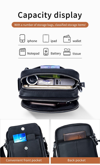 Bullcaptain Casual Men's Shoulder Bags Business Messenger Bag high-Quality Men's Cow Leather Bag's Mini Large Capacity Pocket