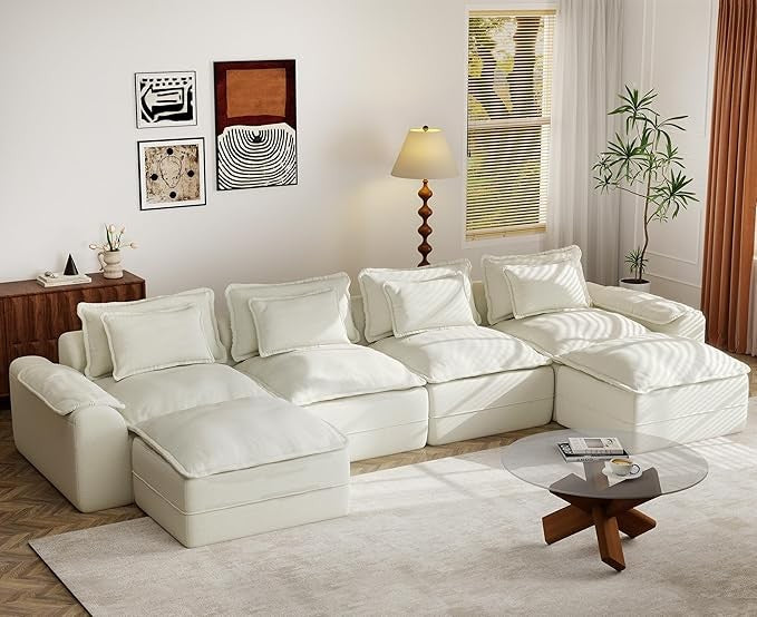 52" Cloud Modular Sectional Couch 4-Seater Sofa with Ottomans U Shaped Couch Deep Seat Sofa with Removable Cover for Living Room