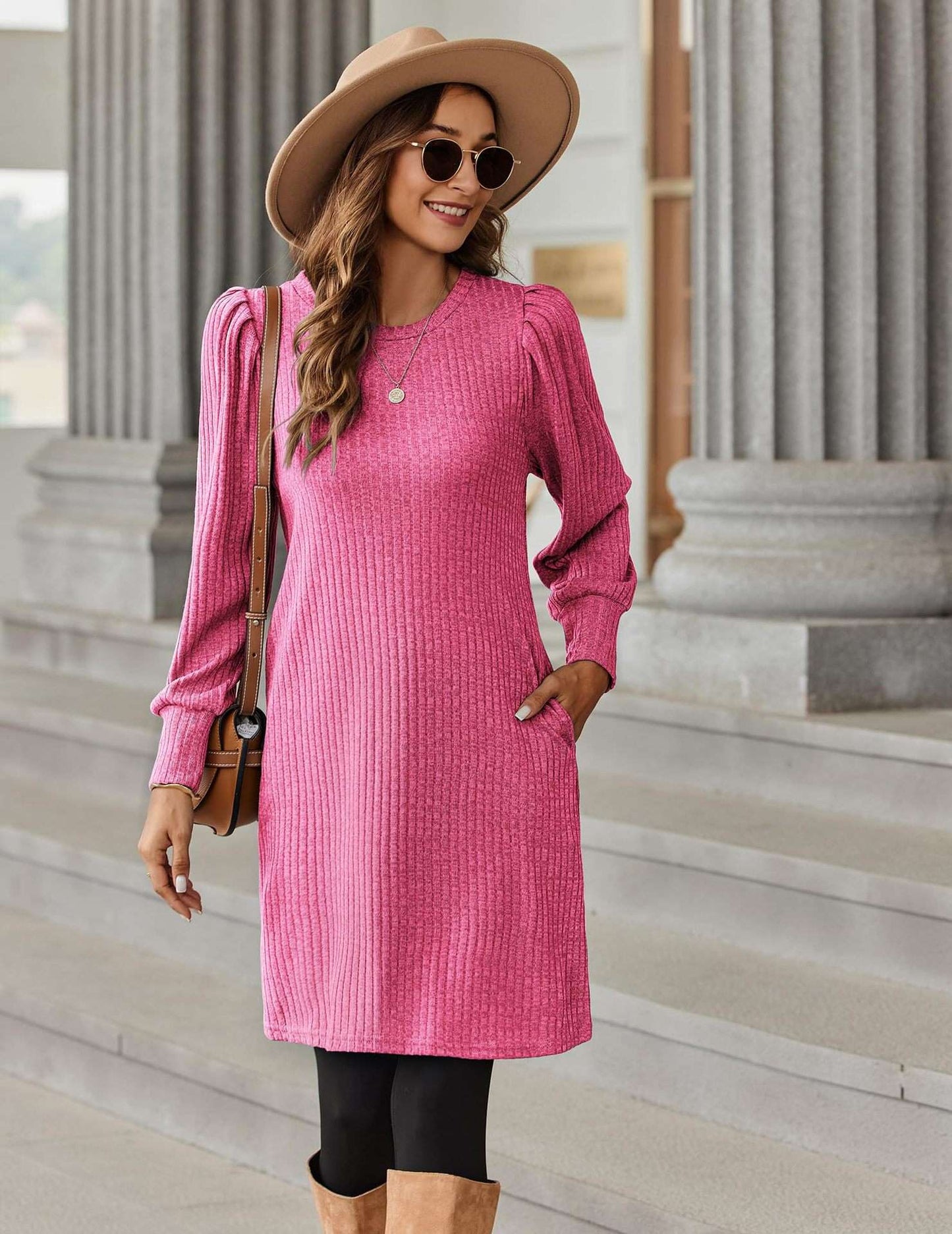Y2K autumn and winter women's crew neck solid color sweater bubble sleeve fashion commuter dress comfortable casual loose dress