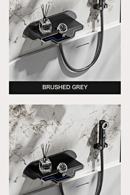 Luxury black brass wall mounted thermostatic bathroom faucet with LED digital display design, embedded hot and cold bathtub Tap