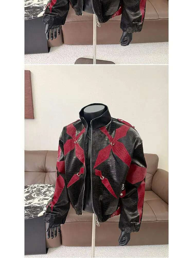 PFHQ Men's PU Leather Jacket 2025 Zipper Stand Collar Contrast Color Korea Fashion Darkwear Male Tops Casual 21E2807