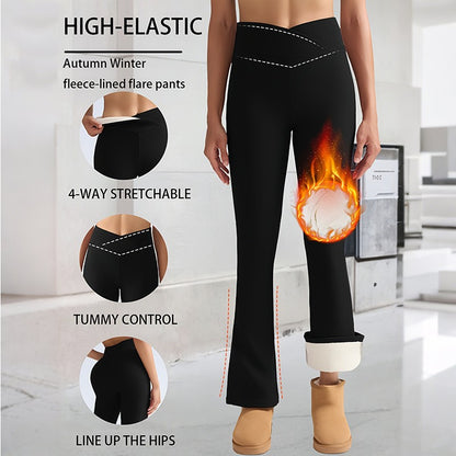 Women's Fleece-Lined Flare Pant Cross-Waist Design Thickened Winter Warm High-Waisted Tummy Control Lifting Leggings Casual Wear