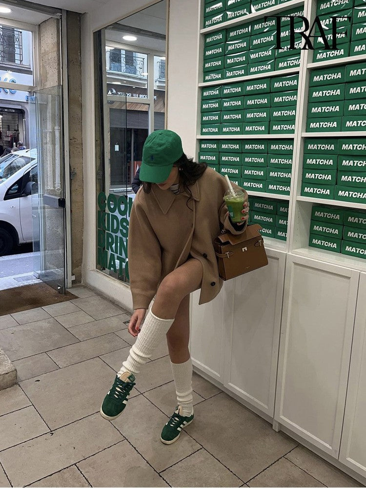 Sobretudo Feminino Casual Vintage Cáqui Manga Morcego Gola Lapela Quente Tweed Outono Inverno Moda Solto Abotoamento Único