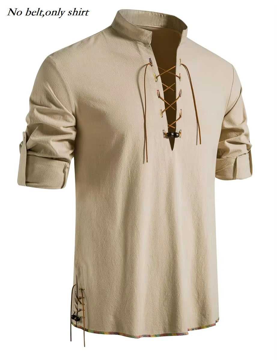 Runcati Mens Medieval Pirate Shirt Cotton Retro Lace Up Renaissance Shirts Viking Long Sleeve Halloween Costume Tops