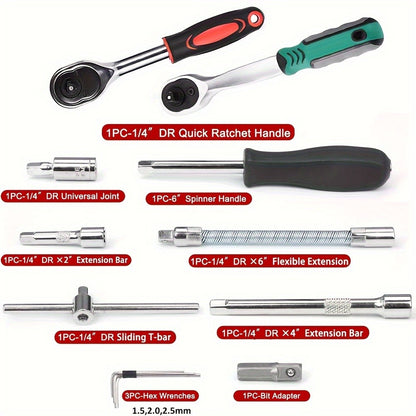 Kit Chaves Soquete Catraca 1/4" Com 53 Peças, Soquetes Bits, Medidas Métricas e Barra de Extensão Para Reparos Automotivos