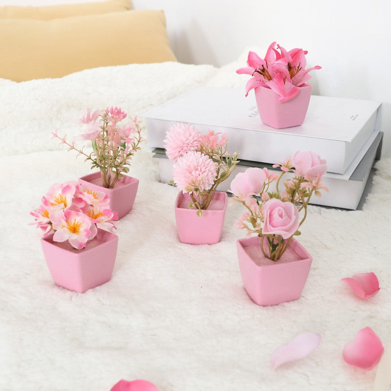5PCS, Mini Pink Artificial Flower Potted Plant, Indoor Desktop Shelf Decoration