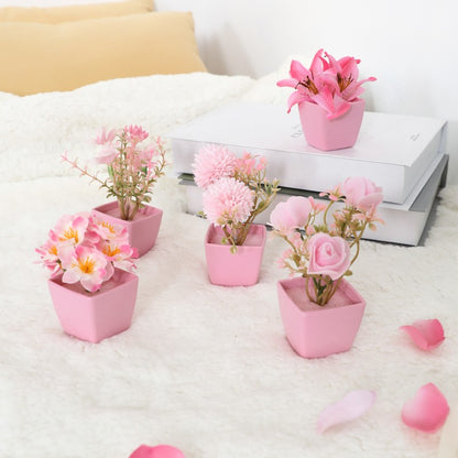 5PCS, Mini Pink Artificial Flower Potted Plant, Indoor Desktop Shelf Decoration