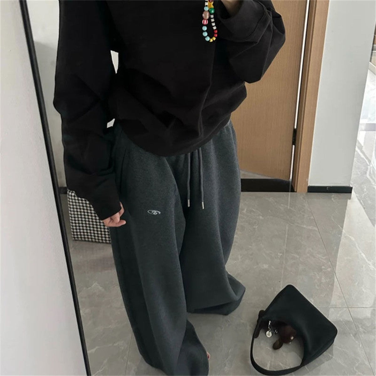 Oversize Woman Grey Black Sweatpants Y2K Korean Streetwear Loose Casual Jogger Pants High Waist All Match Drawstring Trousers