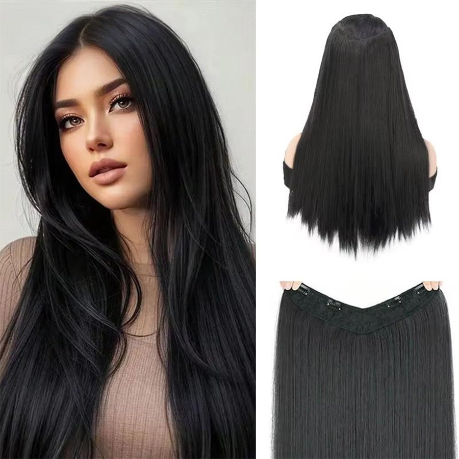 Peruca sintética longa reta em V com meia cabeça adequada para mulheres com cabelo preto e castanho, com presilha, preta, castanha, natural
