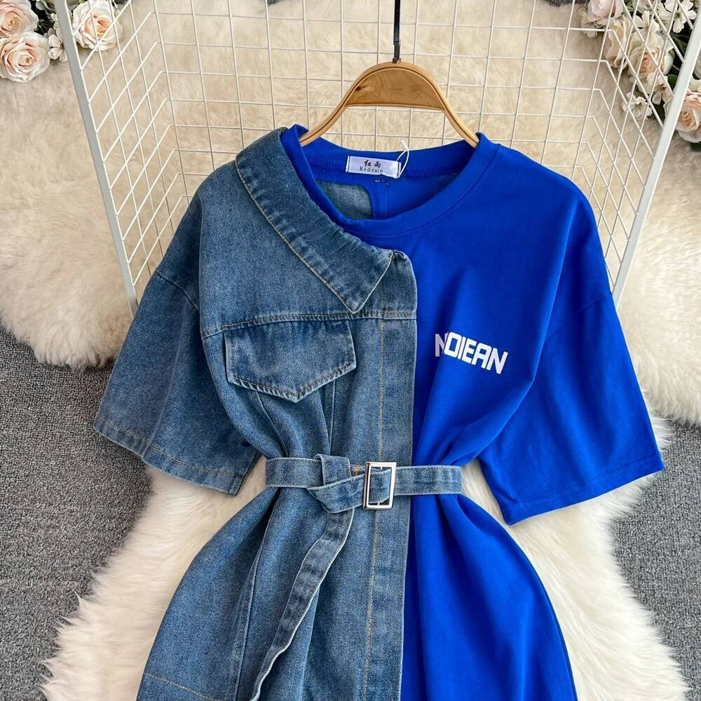 XFPV Women's Sweet high Waist Wrap Belt Round Neck patchwork Denim Shirt  Chic Top Y2k Korean Fashion Spring Summer 2025 SM11327