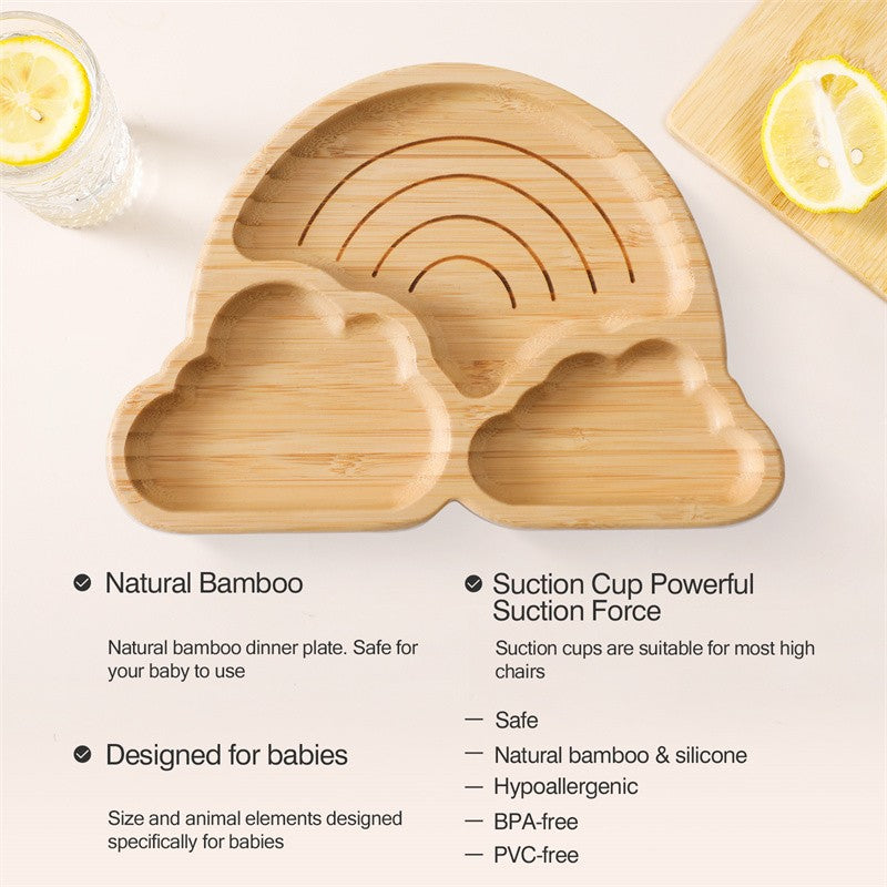 Baby Wooden Tableware Set Could Bamboo Wooden Plate Bowl Silicone Suction Wooden Handle Fork Spoon for Children Feeding Supplies