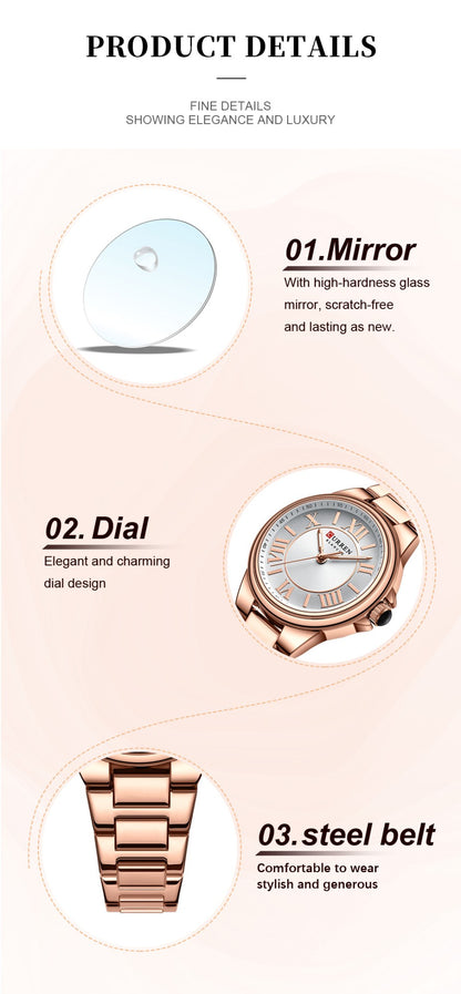 CURREN Romantic Charm Women's Wristwatches Fashion Design Thin Quartz Watch with Luminous Hands Stainless Steel Bracelet