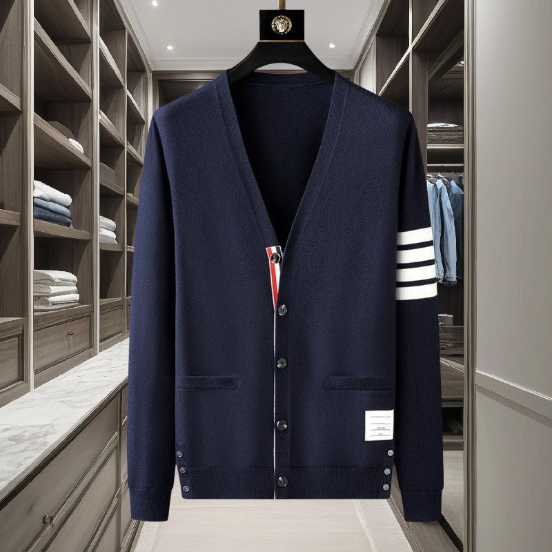 Luxury brand men's knitted sweater for autumn and winter high-end striped design Korean version boutique cardigan casual jacket