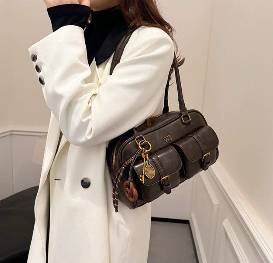 Women's Coffee Brown Multi-Pocket Handbag Shoulder Bag, Stylish Versatile Letter Crossbody Purse for Travel Work Shopping Dates