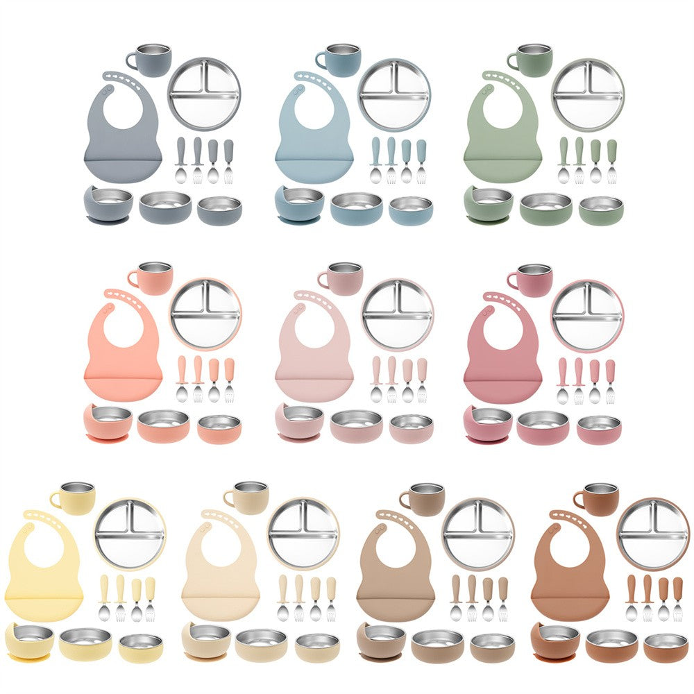 Color Kids 10PCS Infant Feeding Set Stainless Steel Silicone Tableware With Detachable Bowl Plate Bib Weaning Utensils For Baby