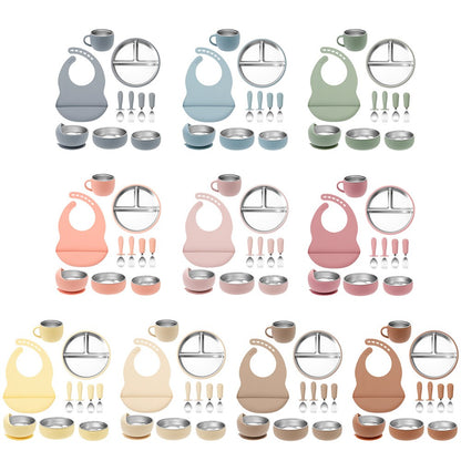 Color Kids 10PCS Infant Feeding Set Stainless Steel Silicone Tableware With Detachable Bowl Plate Bib Weaning Utensils For Baby