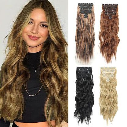 Jeedou 185g Thick Soft Hairpieces Clip in Hair Extensions 6PCS Water Wavy Long 24Inch Synthetic Hair for Women Party Daily Use